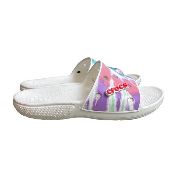 Crocs White Rainbow Tie-Dye Slippers Sandals Sz (Women 10 /Men 8) - NWOB - Picture 2 of 6